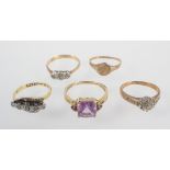 A collection of rings to include: A 18ct/plat five stone crossover diamond ring,