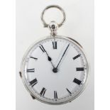 A white metal open face pocket watch. Circular white dial with roman numerals.