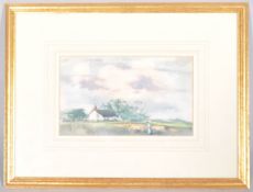 A watercolour, of a farmer leading cattle across a field before a cottage, 20th century,