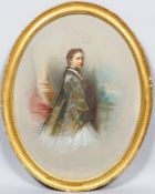 A Victorian watercolour and gouache portrait of a lady standing before balustrading,