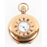 A yellow gold ladies hunter pocket watch. Circular white dial with roman numerals.