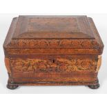 A Victorian penwork work box and contents, of sarcophagus form,