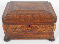 A Victorian penwork work box and contents, of sarcophagus form,