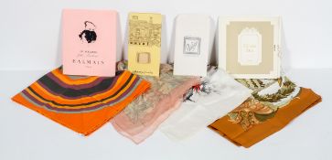 A collection of silk scarves, including Hermes Tahiti, Pierre Balmain,