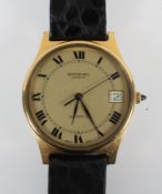 A gold plated Raymond Weil wristwatch. Circular gold dial with roman numerals and date feature.