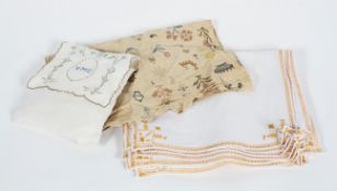 A Victorian needlework and assorted linen; the needlework sampler with DR monogram,