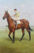 20th century English school, Blue Vision, A jockey on a racehorse, oil on board, dated 1931,
