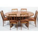 A G-plan teak extending dining table and six dining chairs, circa 1970, the table of oval form,