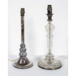 A cut glass lamp base, with silver plated marks and swagger and foliate decoration,