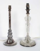 A cut glass lamp base, with silver plated marks and swagger and foliate decoration,