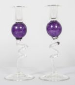 A pair of Art glass candlesticks, by Bob Crook, 20th century, etched signature,