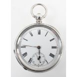 A white metal open face pocket watch. Circular white dial with roman numerals.