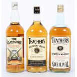 Whisky : The Clayesmore, Scotch Whisky, 1 litre, one bottle; teachers highland Cream, 1.