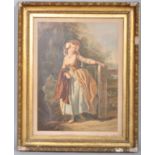 An early 19th century Baxter print of a Lady before a gate in wooded landscape,