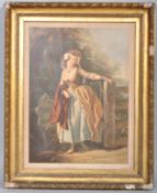 An early 19th century Baxter print of a Lady before a gate in wooded landscape,