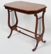 A Victorian mahogany lyre end occasional table, of canted rectangular form,