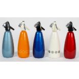 A collection of five BOC soda syphons, in various colours,