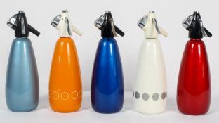 A collection of five BOC soda syphons, in various colours,