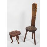 A carved elm spinning chair, together with a carved wood foot stool, the first stamped 'TA261HDHA',