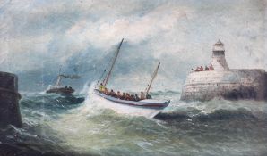 Hayter (?), A Lifeboat exiting a harbour in a storm, to the aid of a stricken paddle steamer,