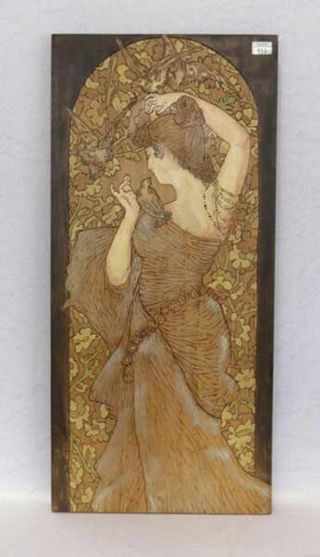 Jugendstil Holzbild 'Dame mit Vögel', 95 cm x 44 cm