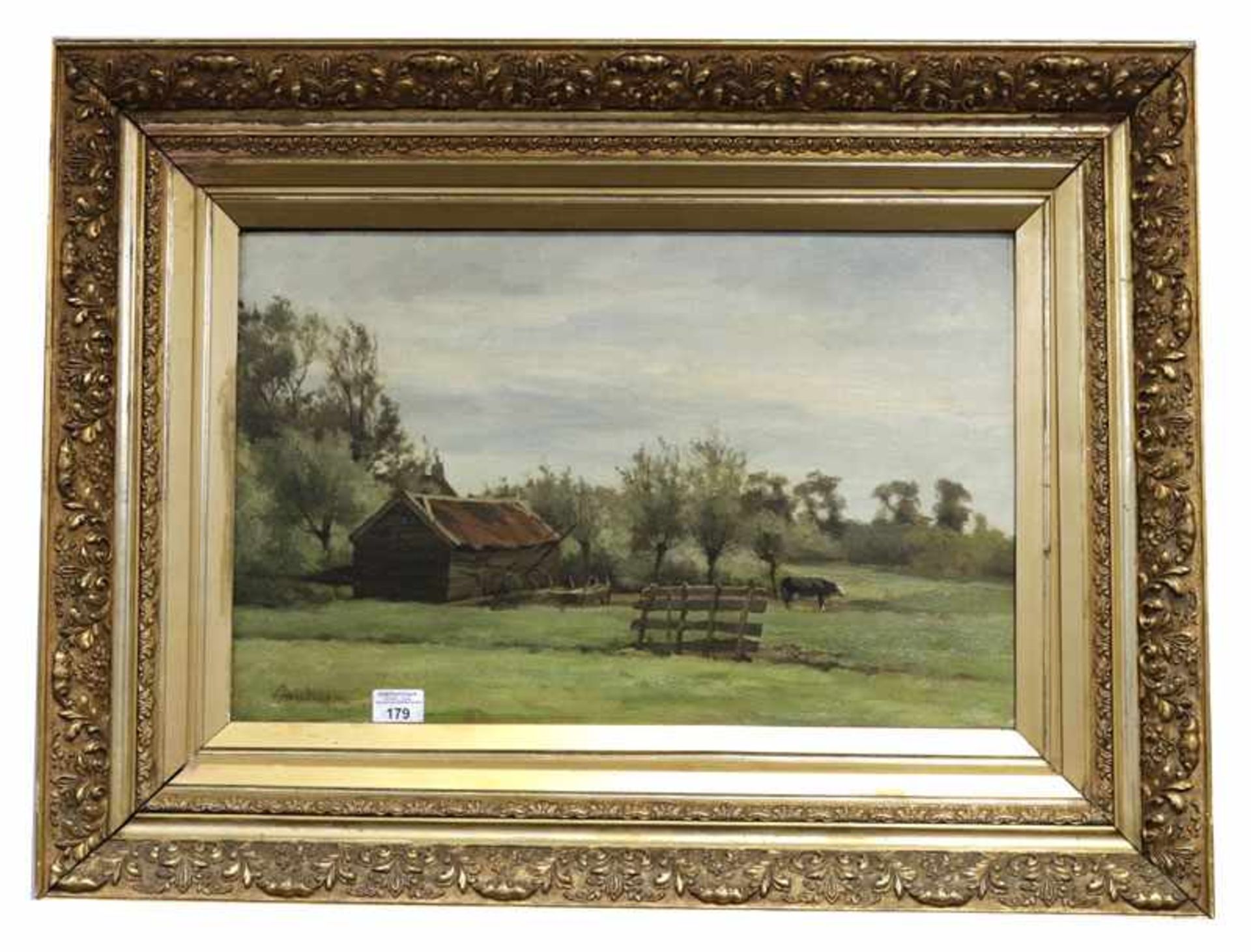 Gemälde ÖL/Holz 'Landschafts-Szenerie mit Kuh', undeutlich signiert Daubigny ?, gerahmt, Rahmen