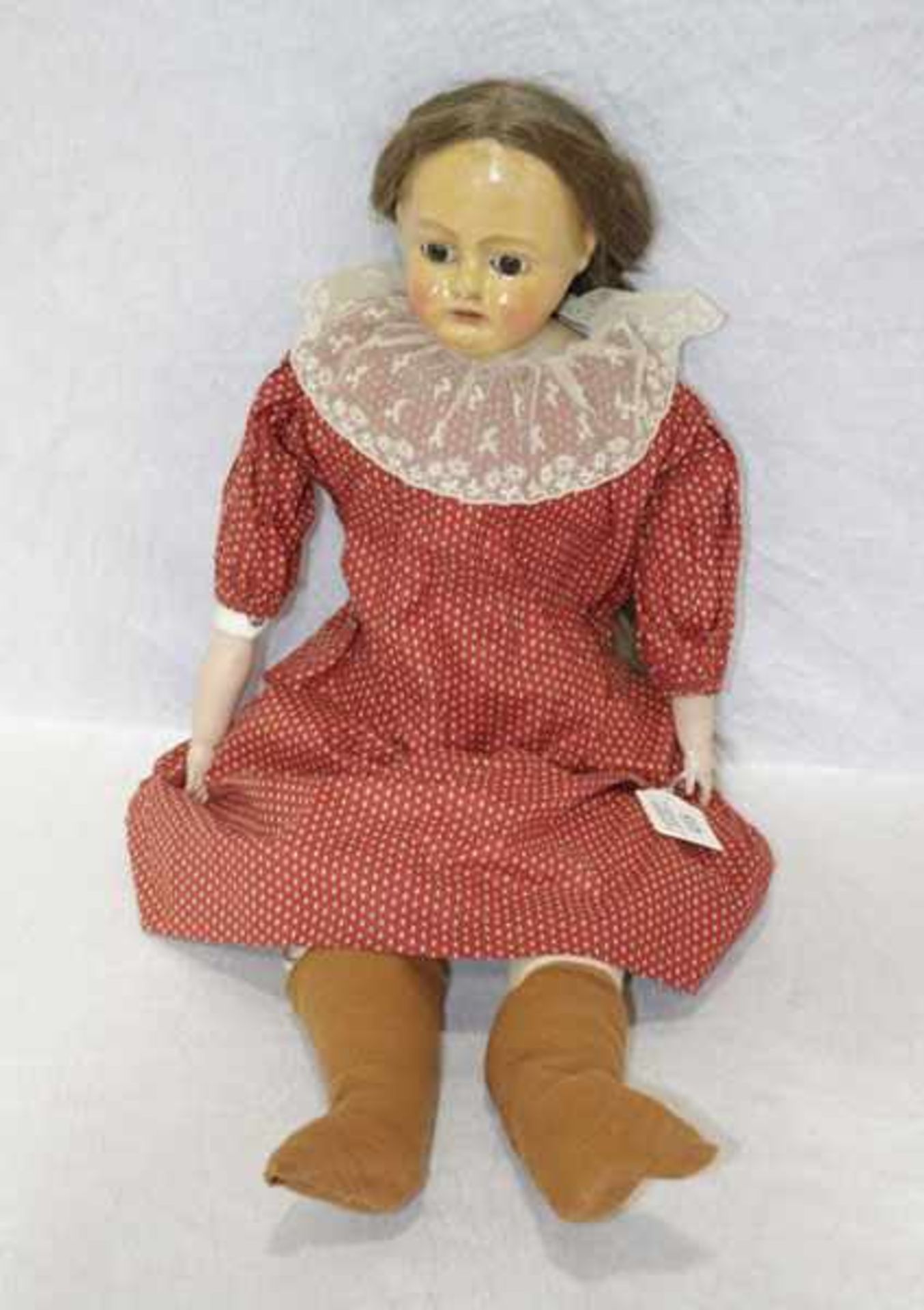 Puppe mit Massekopf und Armen, Leder-Körper und Beine, bekleidet, Altersspuren, L 59 cm