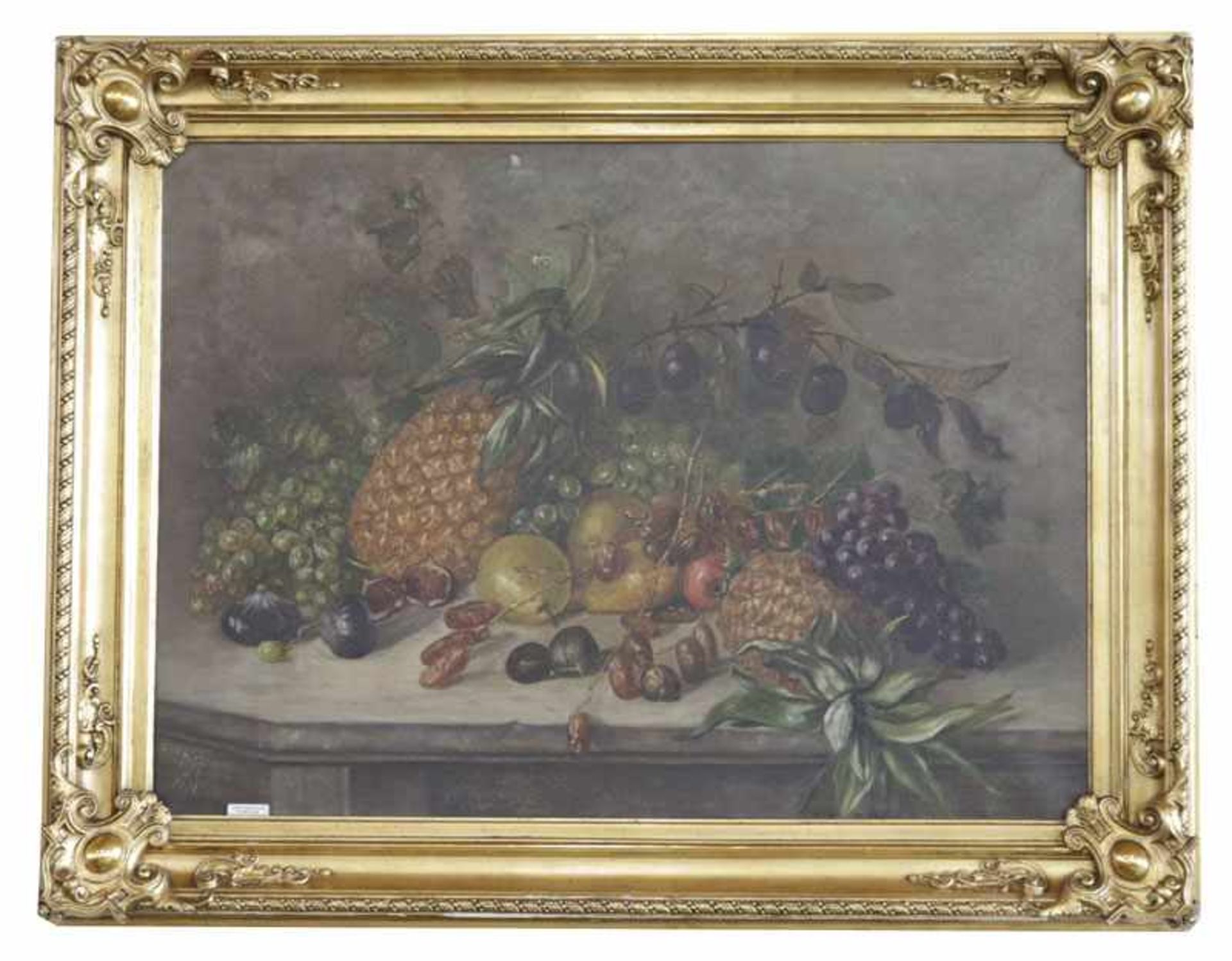 Gemälde ÖL/LW 'Früchte-Stillleben', monogrammiert MR 1901, LW beschädigt, Loch und kleine