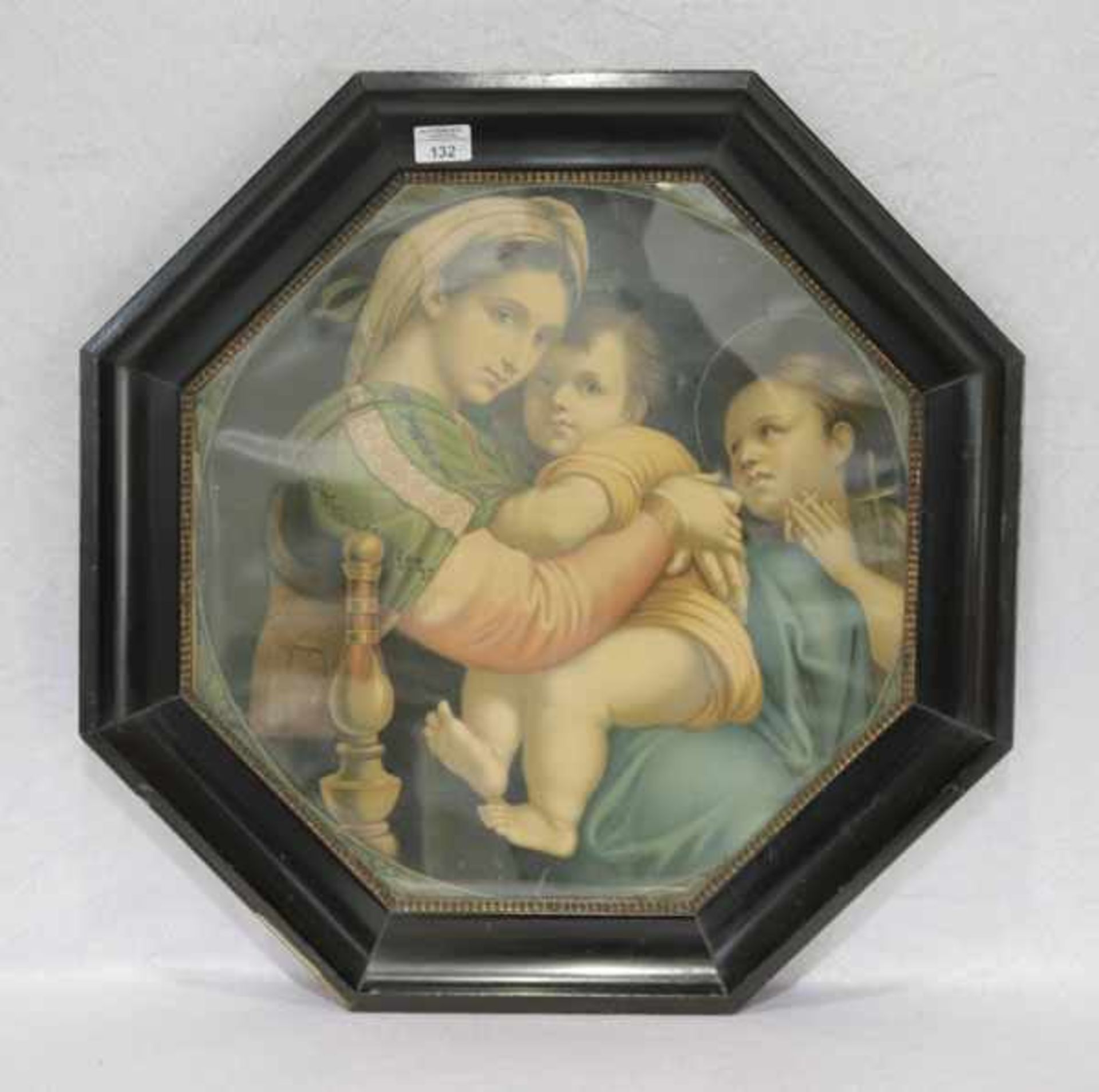 Druck 'Maria mit Kind', unter Glas in achteckigem Rahmen, Rahmen beschädigt, incl. Rahmen 65 cm x 64