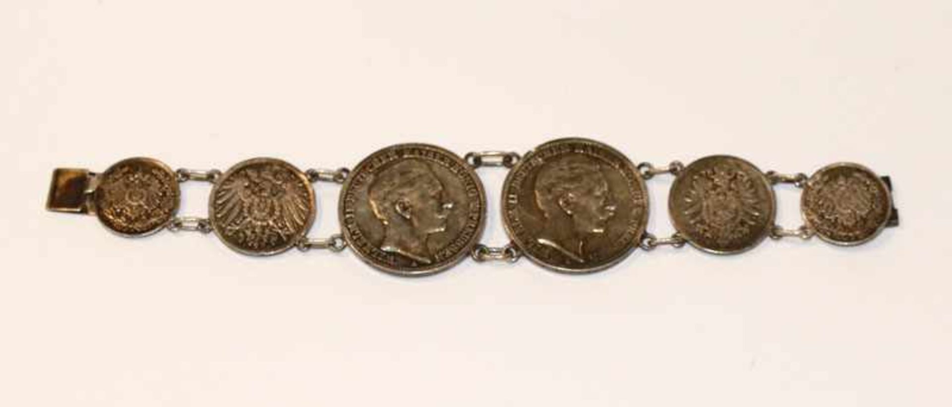 Silber Armband aus 1/2,1 und 3 Mark Münzen Deutsches Reich, 54,8 gr., L 17,5 cm