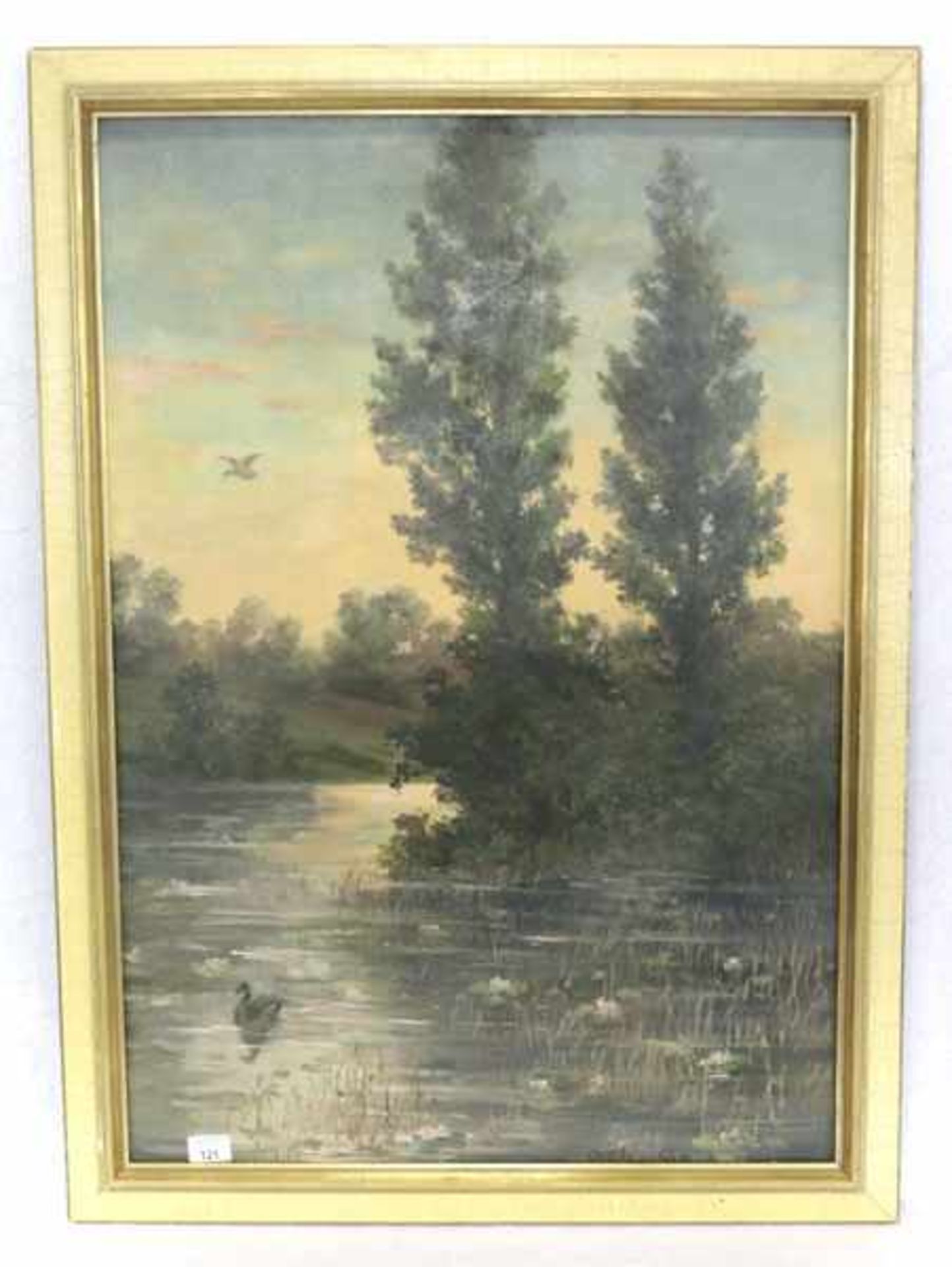 Gemälde ÖL/Hartfaser 'Bachlauf mit Schwan bei Sonnenuntergang', undeutlich signiert,