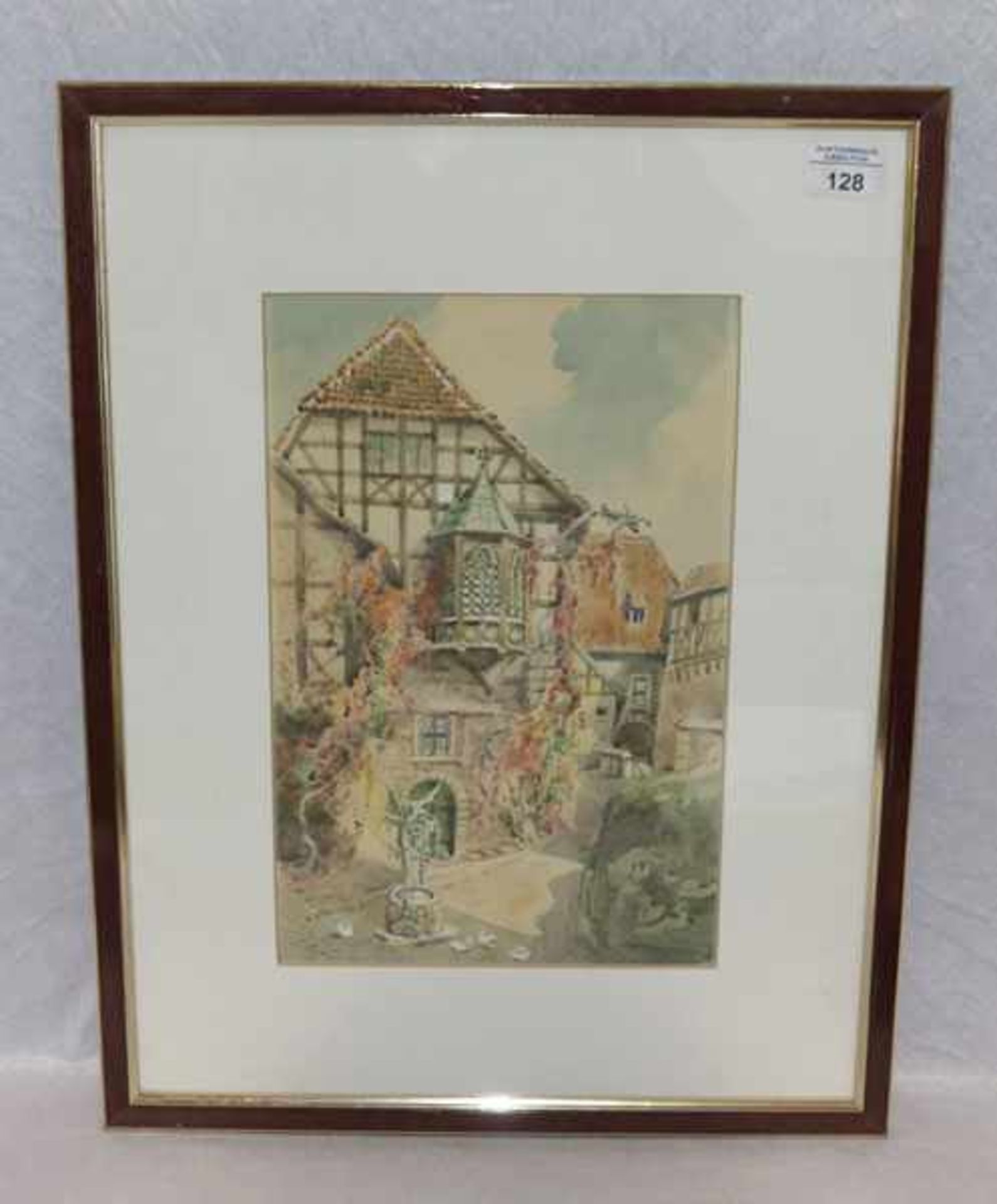 Aquarell 'Fachwerkhäuser mit Brunnen', mit Passepartout unter Glas gerahmt, incl. Rahmen 53 cm x