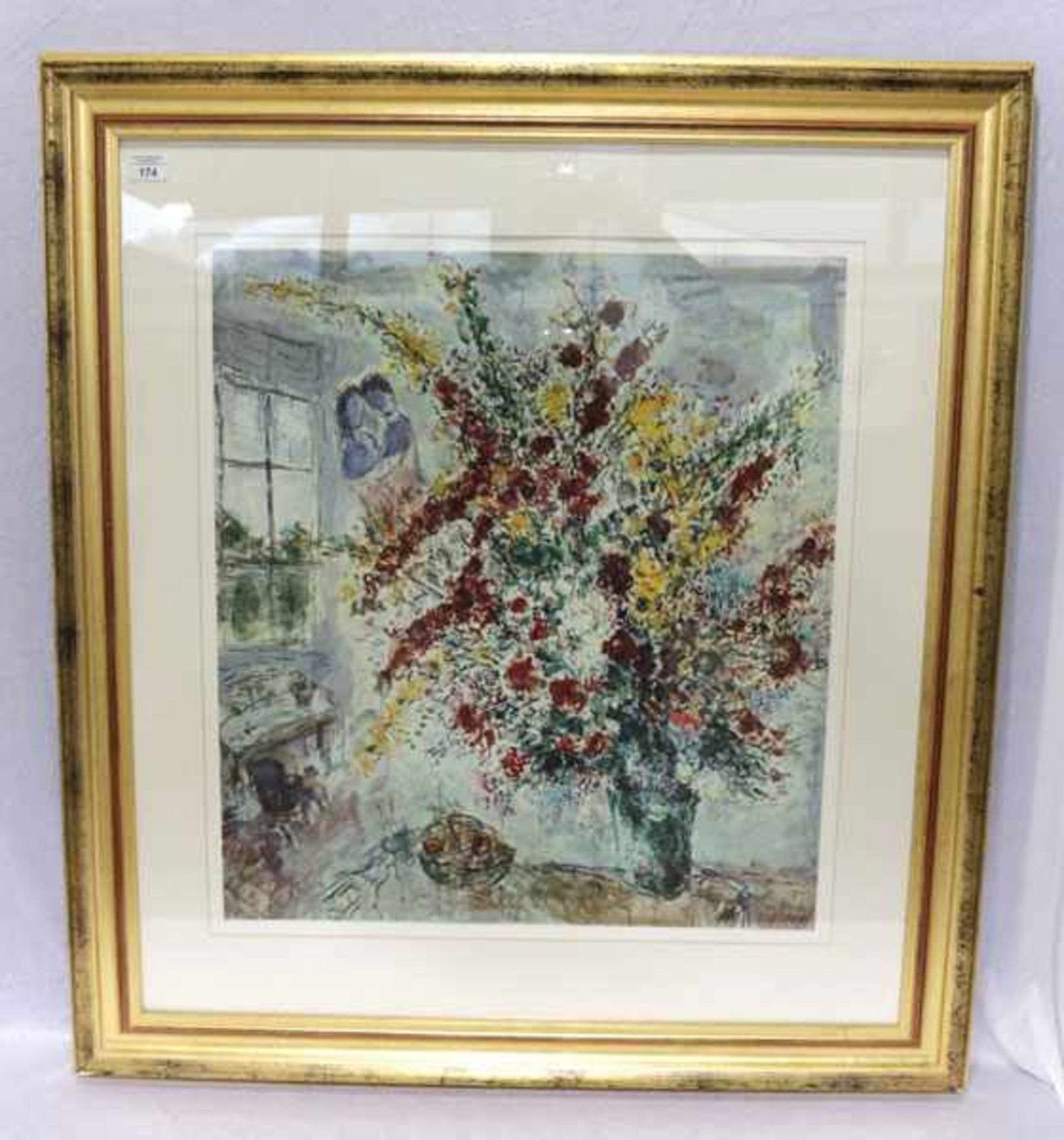Lithographie 'Blumenstrauss am Fenster', nach Marc Chagall, mit Passepartout unter Glas gerahmt,