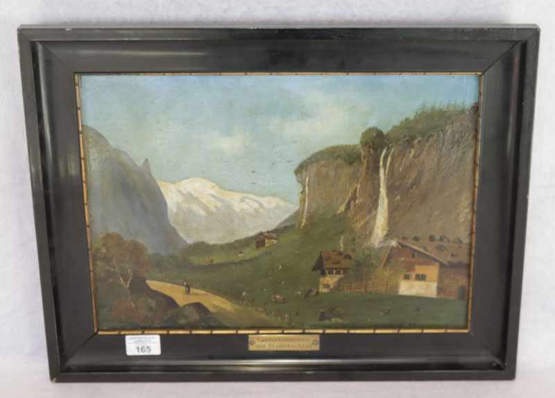 Gemälde ÖL/Malkarton 'Lauterbrunnental mit Staubbachfall', signiert A. Rosdorf, Schweizer Maler,