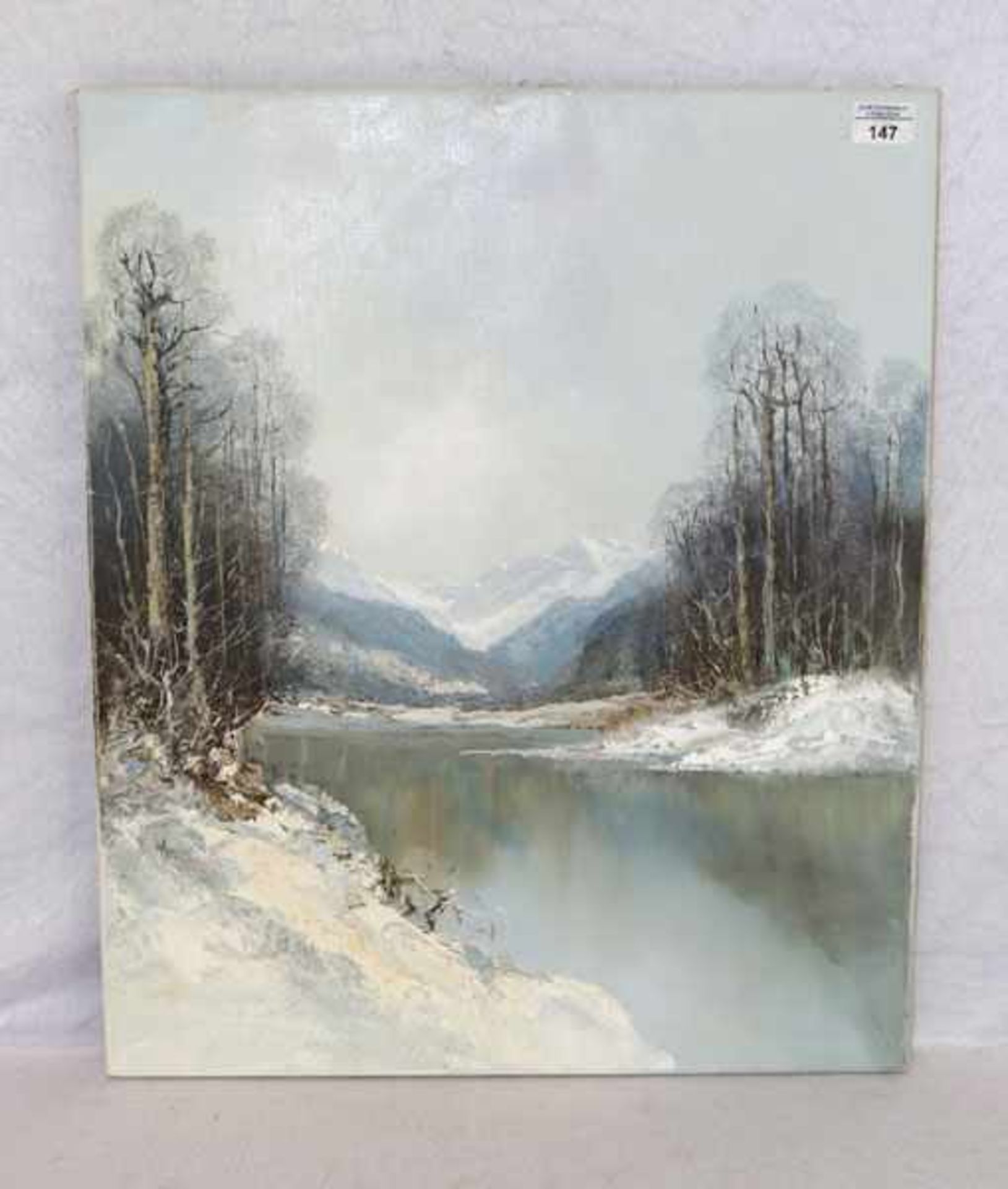 Gemälde ÖL/LW 'Winterlandschaft mit See', LW teils mit Farbablösungen, ohne Rahmung 61 cm x 51 cm