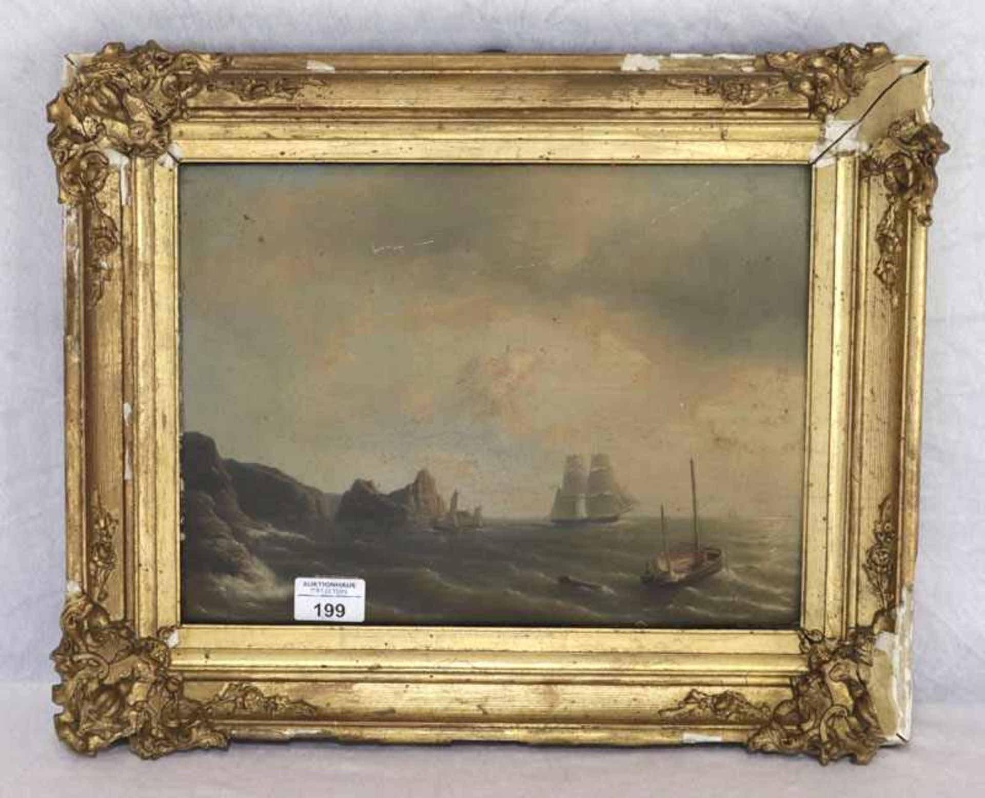 Gemälde ÖL/Holz 'Küsten-Szenerie mit Segelbooten', Bildoberfläche beschädigt, gerahmt, Rahmen