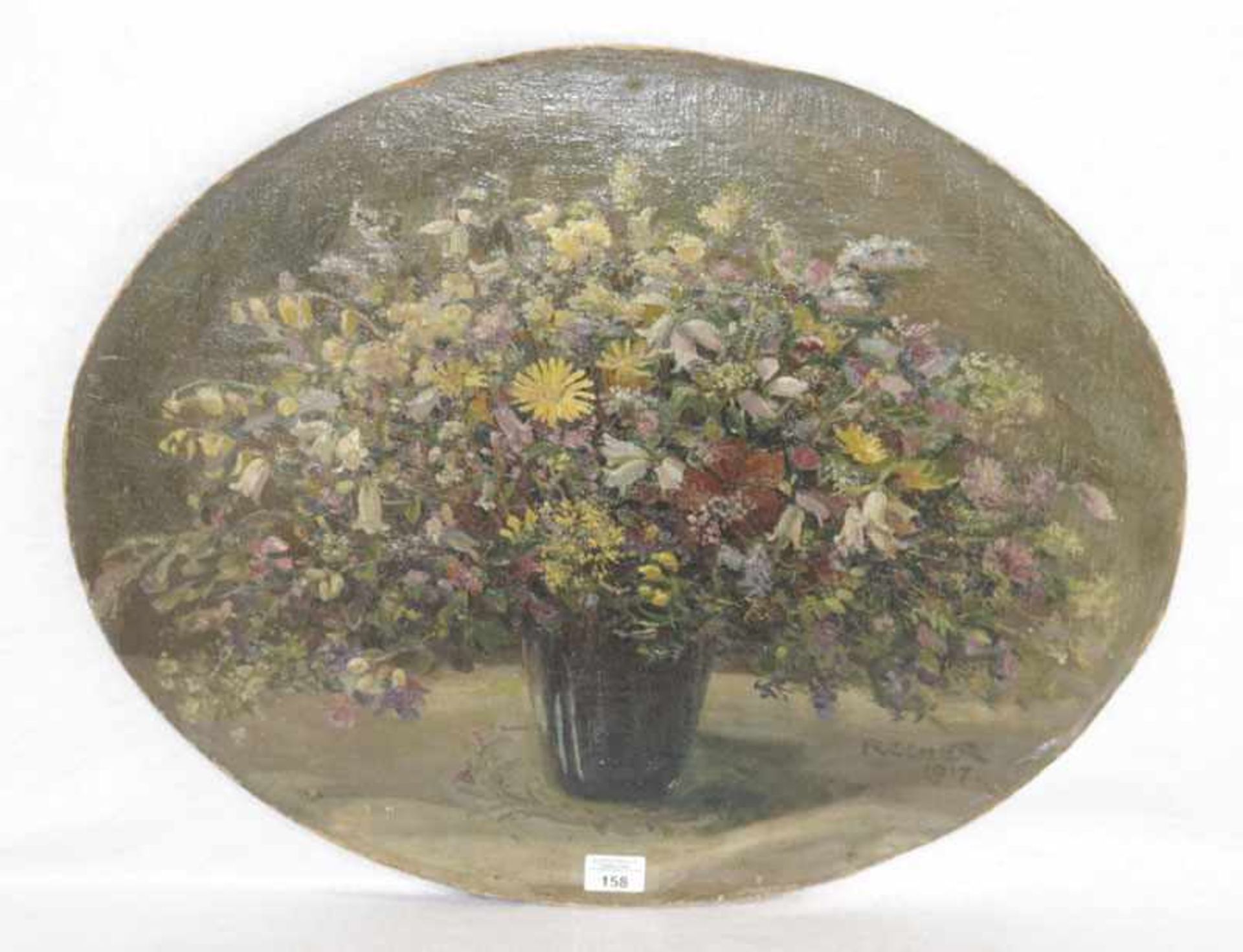 Gemälde ÖL/LW auf Malkarton geklebt 'Sommerblumen in Vase', oval ohne Rahmung 55 cm x 69 cm