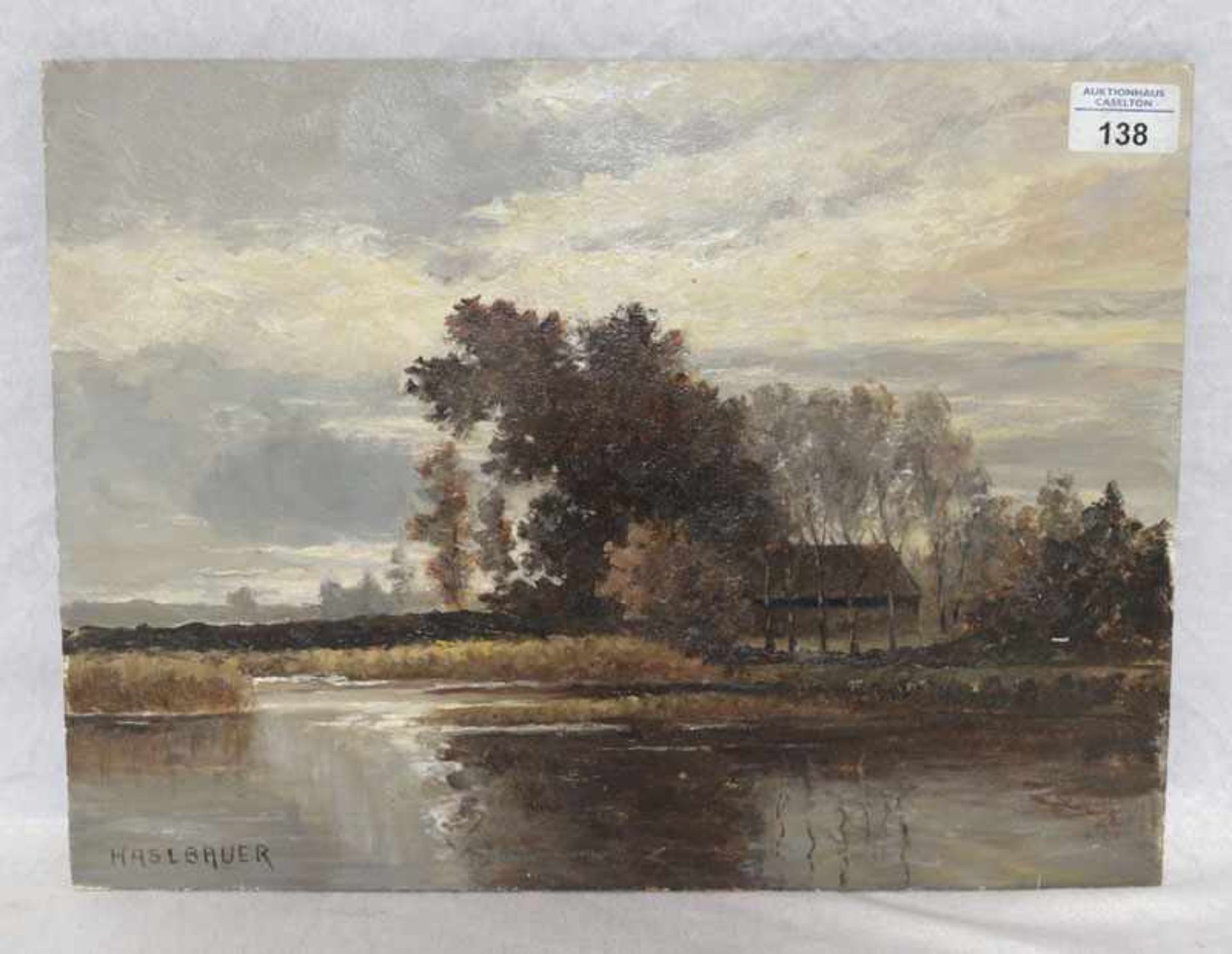 Gemälde ÖL/Hartfaser 'See in Moorlandschaft', signiert Haslbauer, Paul, datiert 1982, * 1919 München