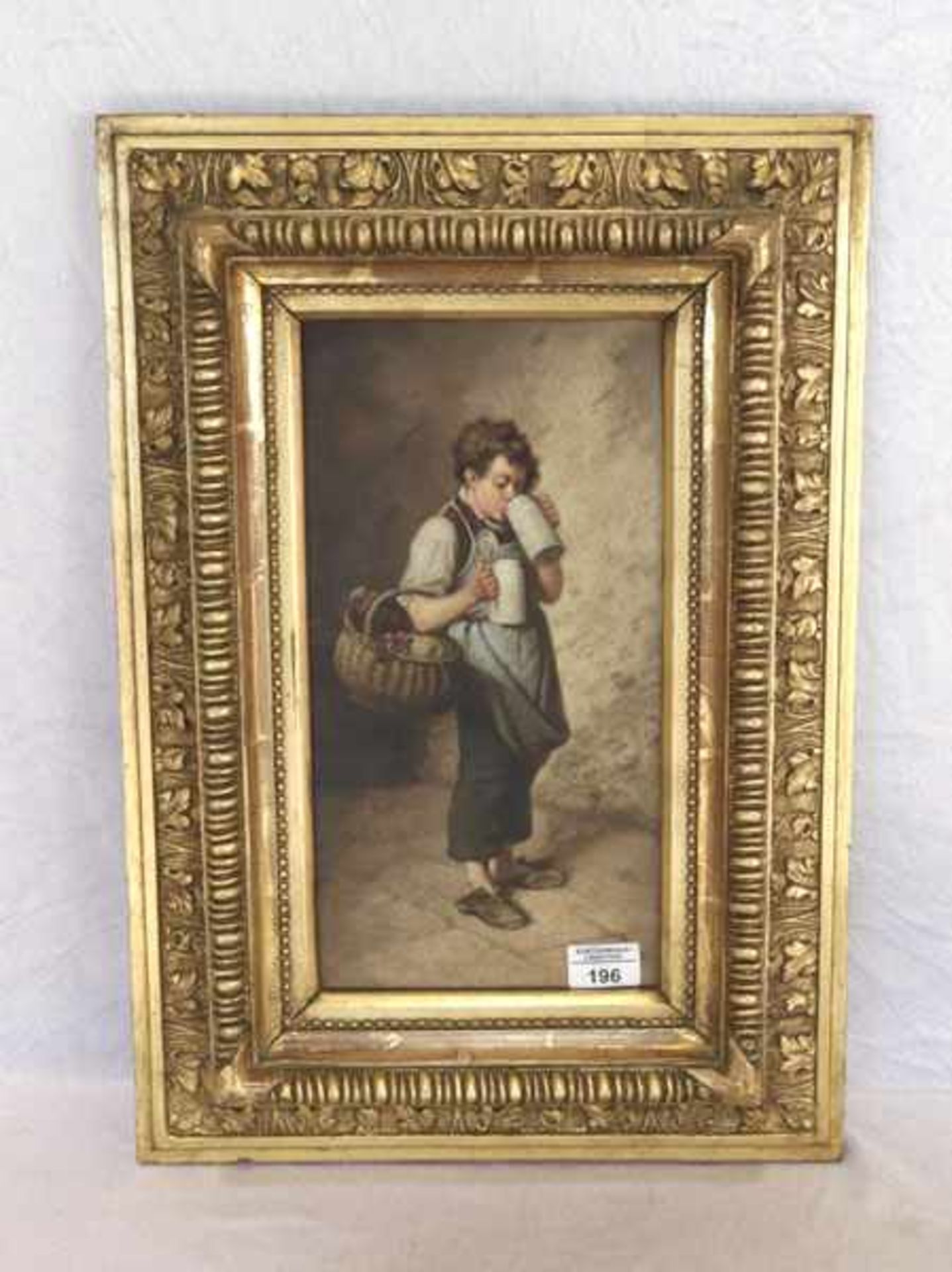 Gemälde ÖL/LW 'Junge bei Bierprobe', schön gerahmt, Rahmen bestossen, incl. Rahmen 56 cm x 39 cm