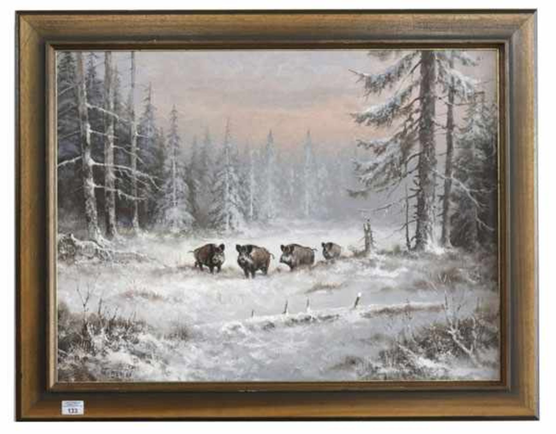 Gemälde ÖL/LW 'Wildschweine in Winterlandschaft', signiert Wegener, Georg, * 25.8.1917 Magdeburg,