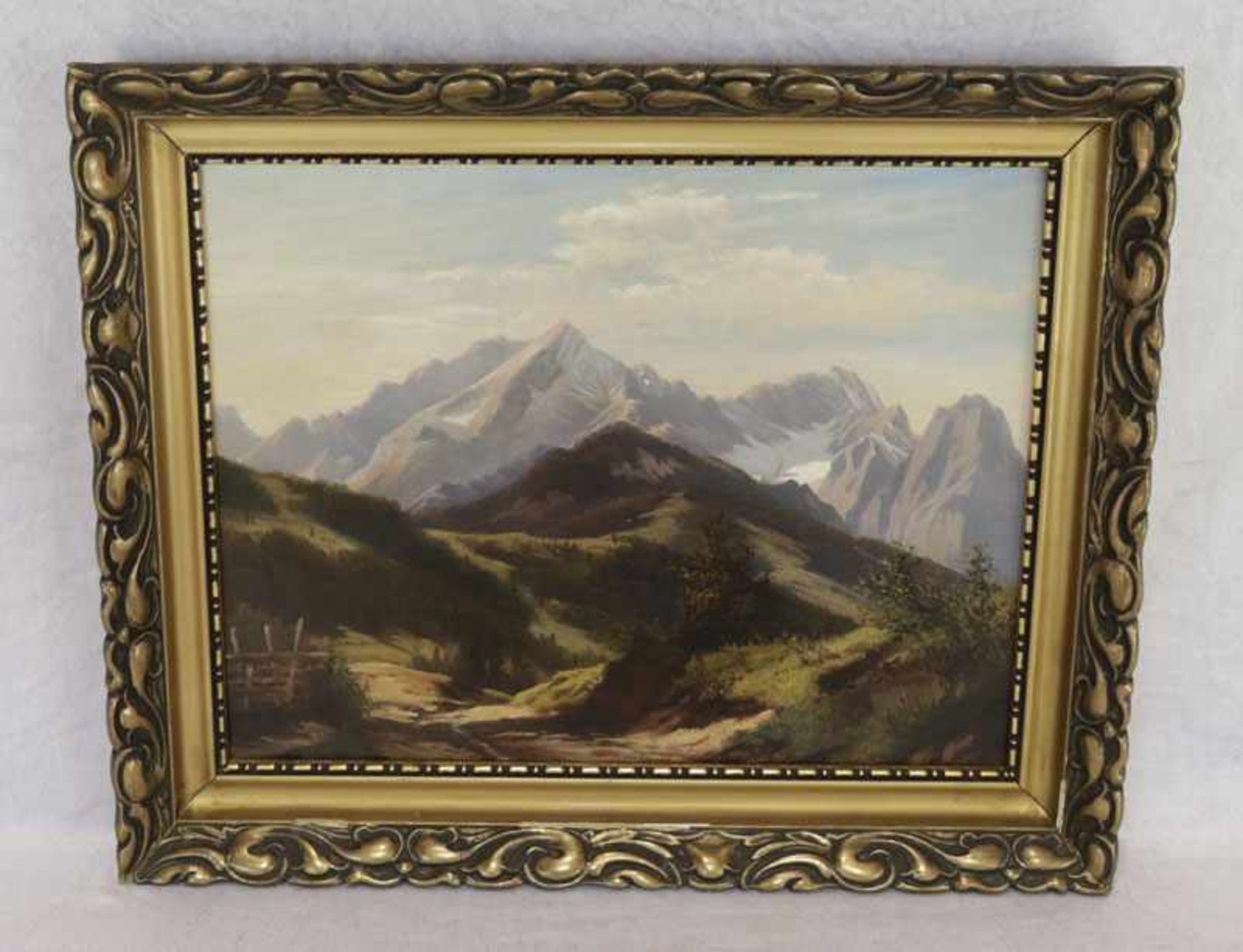 Gemälde ÖL/Malkarton 'Blick zum Wettersteingebirge', gerahmt, Rahmen beschädigt, incl. Rahmen 43
