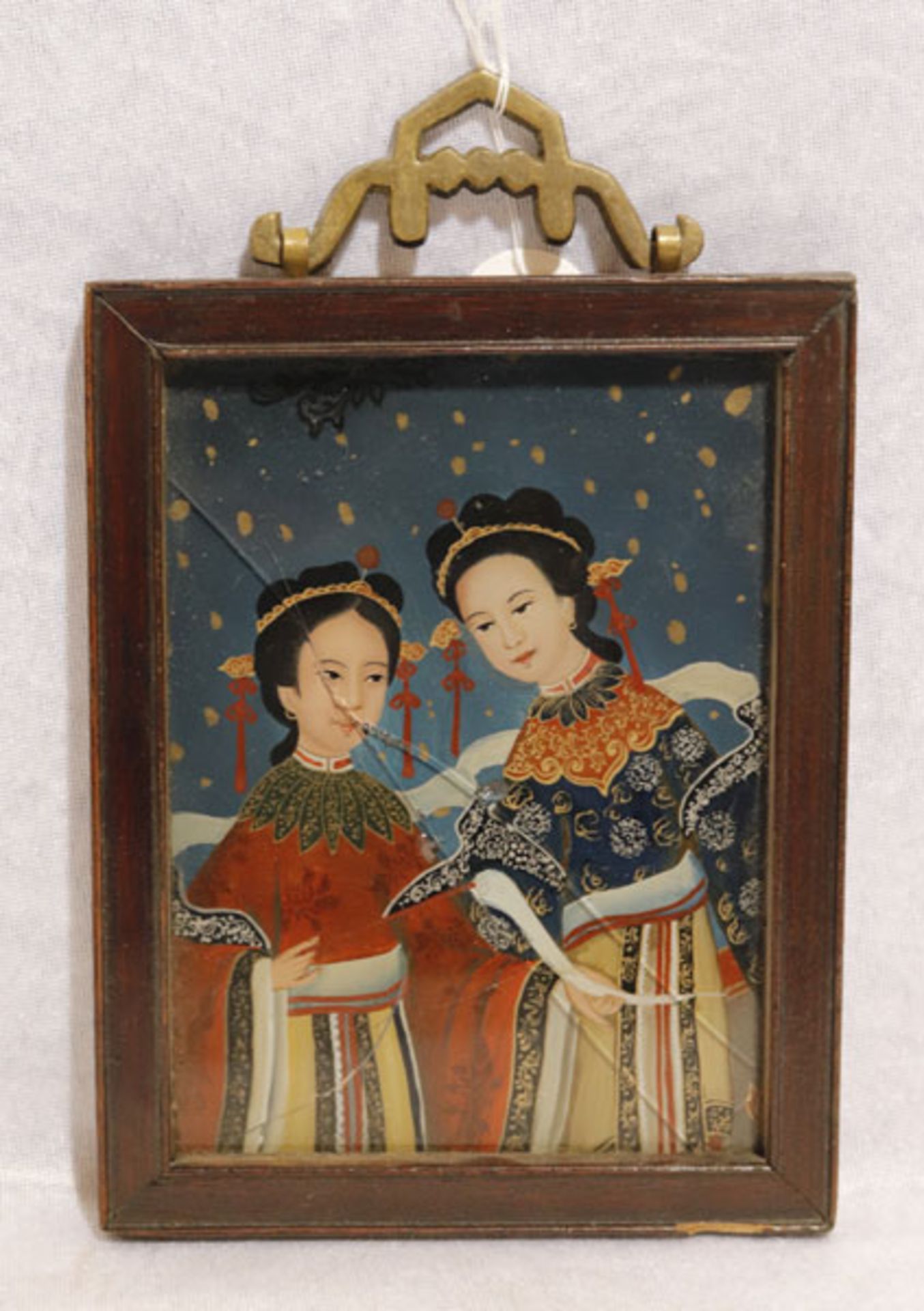 Asiatisches Hinterglasbild '2 Mädchen', Glas gesprungen, gerahmt, Rahmen beschädigt, incl. Rahmen 16