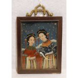 Asiatisches Hinterglasbild '2 Mädchen', Glas gesprungen, gerahmt, Rahmen beschädigt, incl. Rahmen 16