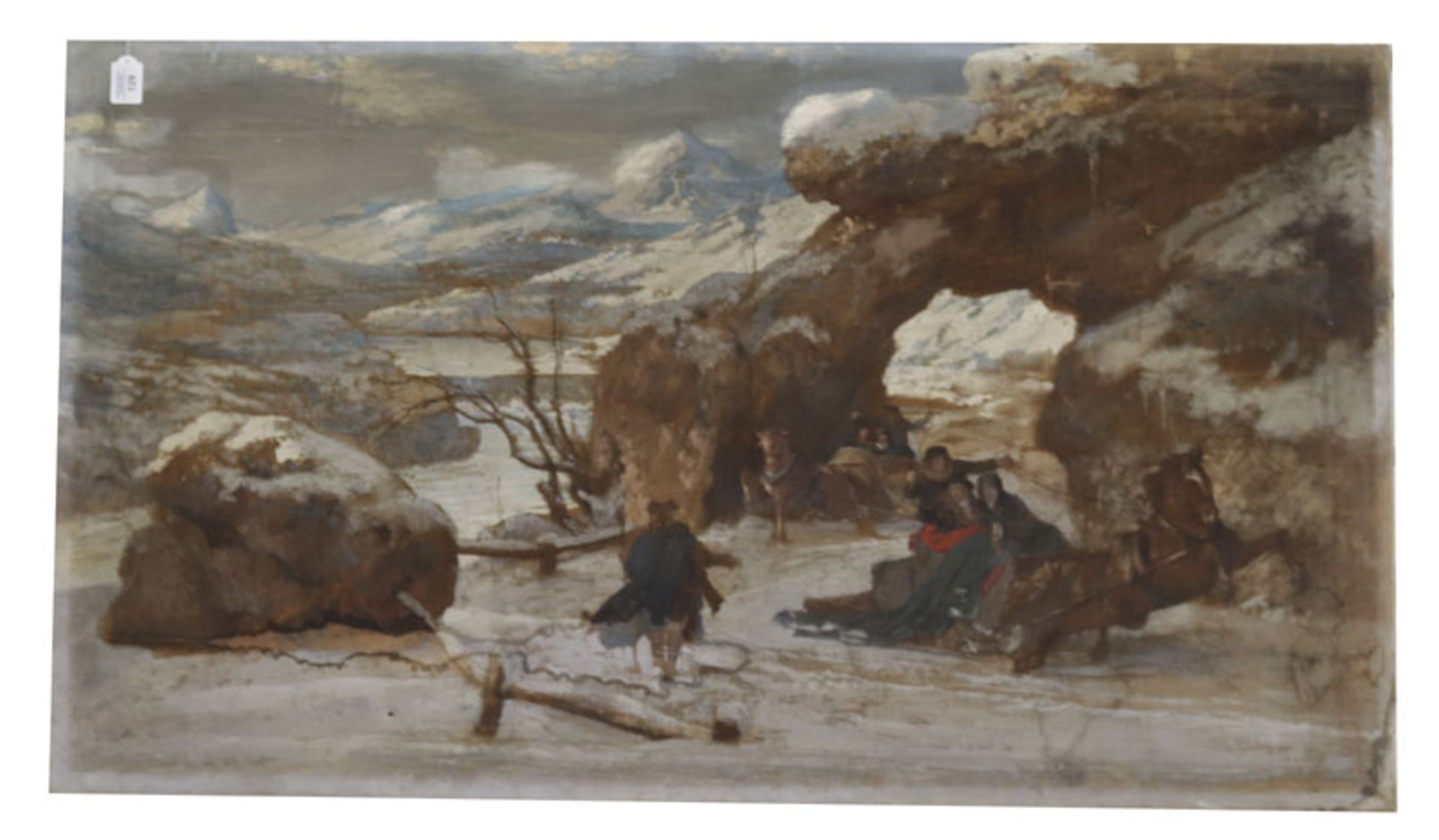 Gemälde ÖL/LW 'Winterlandschaft mit Pferdeschlitten', LW beschädigt und fleckig, ohne Rahmen, 78