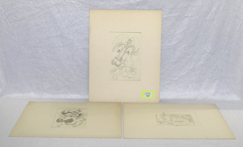 3 Bleistiftzeichnungen 'Tierdarstellungen', signiert Zeroo 69/75, für Hans Zern, * 1943 Heilbronn,