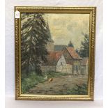 Gemälde ÖL/LW 'Dorfansicht mit Fachwerkhaus und Hühner', signiert E. Bargum, 20. Jahrhundert,