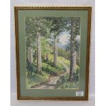 Gemälde Tempera/Karton 'Waldweg mit 3 Rehen und Blick ins Hochgebirge', signiert R. Reschreiter,