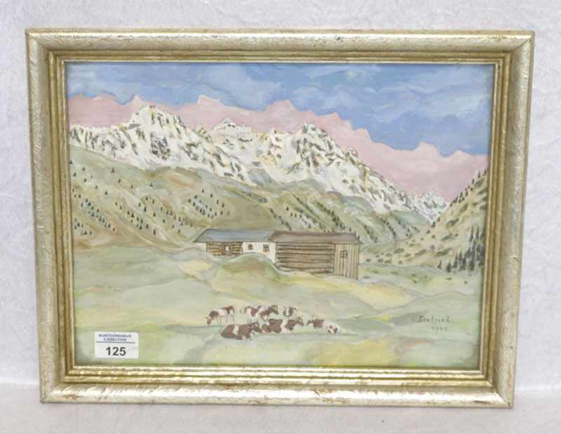 Aquarell 'Alm im Hochgebirge', signiert H. Seefried, 1940, unter Glas gerahmt, Rahmen bestossen,