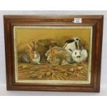Gemälde ÖL/Holz 'Fünf Hasen im Stroh', signiert G. (Giovanni) Sanvitale, * 9135 Brescia, gerahmt,