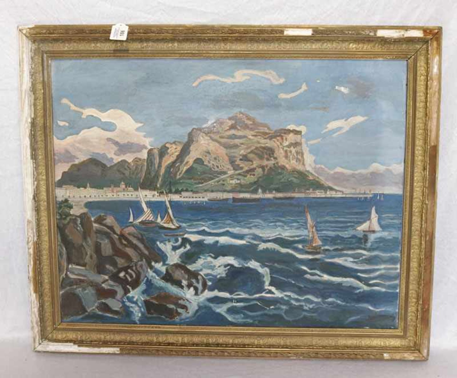 Gemälde ÖL/Malkarton 'Küsten-Szenerie mit Segelbooten', rückseitig bez. Seefried, Seehausen, Gemälde